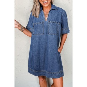 Blue Short Sleeve Collared Patched Pocket Denim Mini Dress - 1 of 1