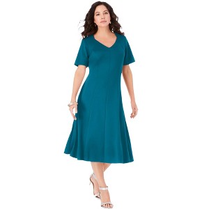 Roaman's Women's Plus Size Ponte Flare Dress - 1 of 4