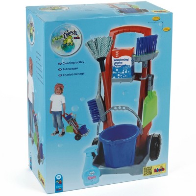 Theo Klein 8-Piece Red and Blue Plastic Cleaning Trolley Set