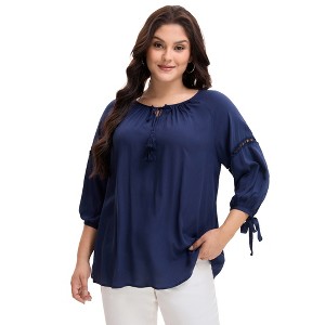 Women's Plus Size Tie Tassel V Neck Hollow Bowknot 3/4 Sleeve Adjustable Cuffs Casual Blouses - Agnes Orinda - 1 of 4