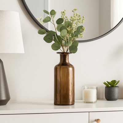 Decorative Frosted Glass Bottle Vase with Removeable Lid for Living Room Decor - Stylish Flower Vase for Flowers, Bedroom, and Home Decor - Brown