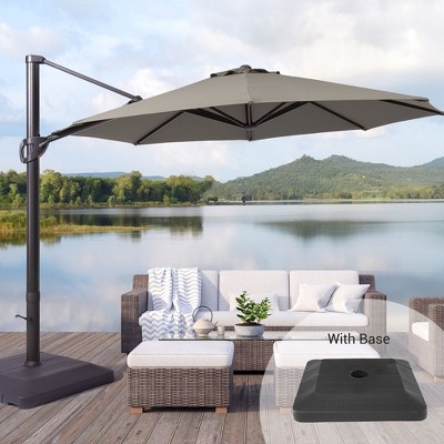 Sonkuki 11FT Outdoor Cantilever Patio Umbrella w/Base and Aluminium Pole, 360° Rotation and Infinite Canopy Angle Adjustment