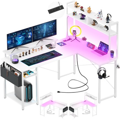 Aheaplus L Shaped Desk with Charging Staion and LED Light, Corner Desk with Hutch and Monitor Stand