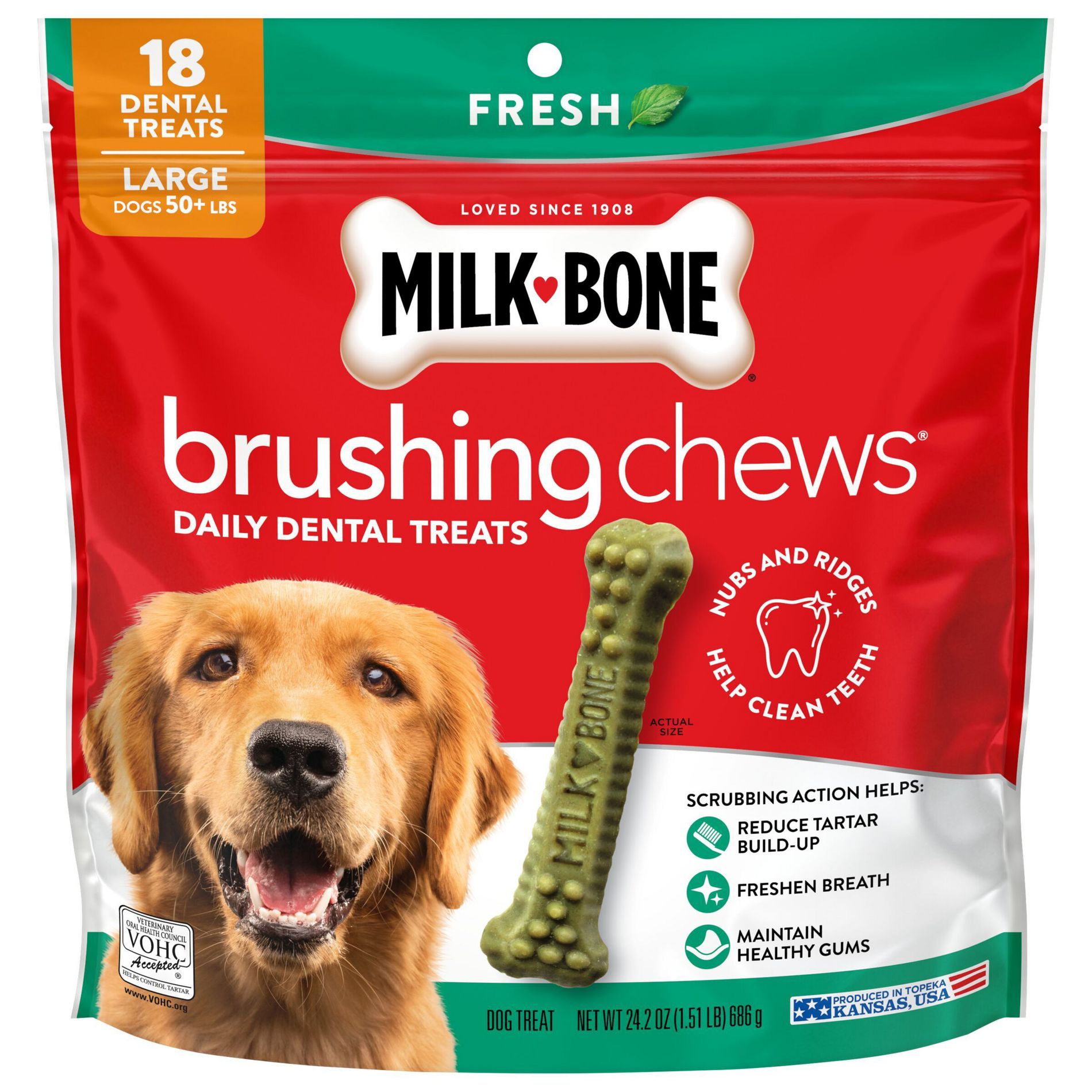 Milk-Bone Brushing Chews Daily Chicken Dental Dog Treats, Fresh Breath, Large with Peppermint Flavor - 24.2oz/18 bones