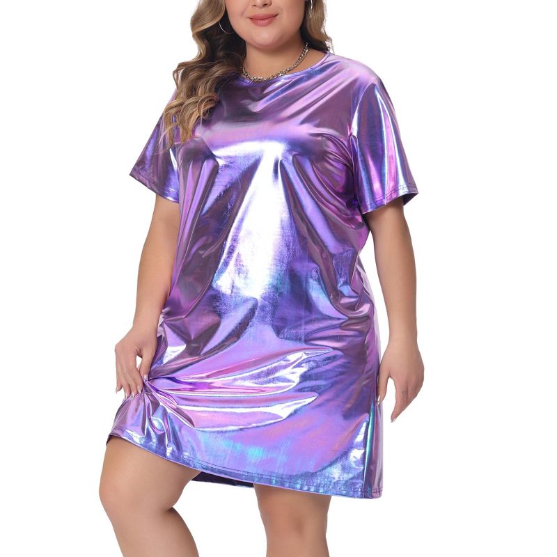 Agnes Orinda Women's Plus Size Metallic Round Neck Short Sleeve Party Loose Mini T-Shirt Dress, 2 of 6