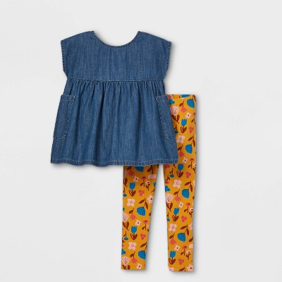 Toddler Girls' Chambray Top & Floral Leggings Set - Cat & Jack™ Blue/Mustard 18M
