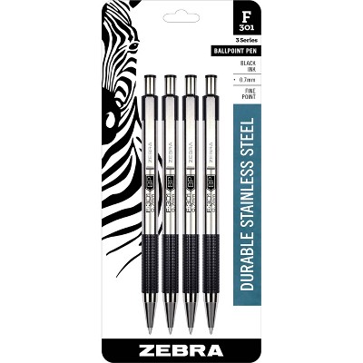 Zebra 4ct Ballpoint Pens 0.7mm F-301 Stainless Steel Black