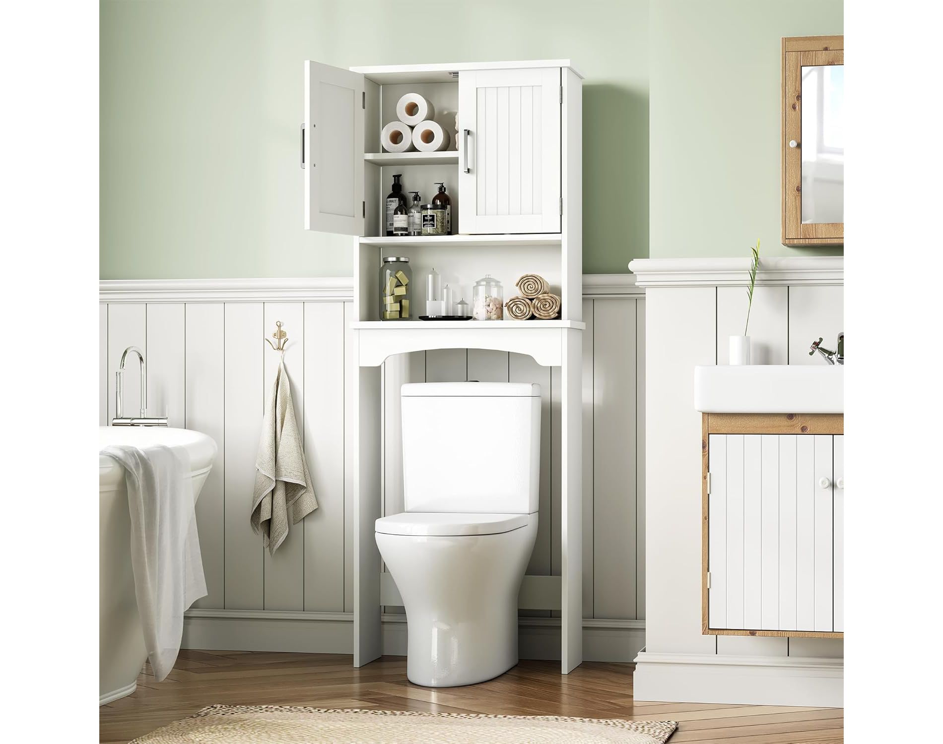 Homhougo Over-the-Toilet Storage Cabinet, Freestanding Organizer with Doors & Shelves, Space Saver for Bathroom, White