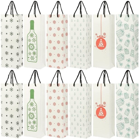 Blue Panda 24-Pack Christmas Gift Wine Bags - Kraft Paper Bags with Handles  for Shopping, Christmas Gifts, 6 Assorted Designs, 15.3x3.2x5.5