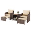 5-Piece Patio Conversation Set with 2 Ottomans and Table, PE Rattan Lounge Chairs with Soft Cushions for Balcony, Porch, Garden Relaxation - 2 of 4