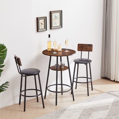 3 Piece Round Bar Stool Set, 2 Bar Stools And 1 Bar Table With Shelve, Upholstered Stool With Backrest, Rustic Brown