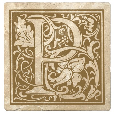 Christmas by Krebs Set of 4 Ivory and Harvest Gold Alphabet "P" Square Monogram Coasters 4"