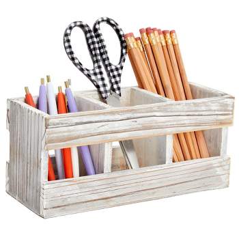 Juvale Rustic-Style Desk Pencil Holder with 3 Compartments - Farmhouse Decor and Wooden Organizer for Office Accessories