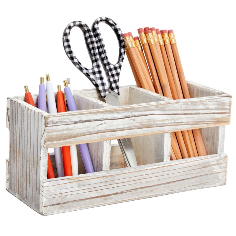 Juvale Rustic-Style Desk Pencil Holder with 3 Compartments - Farmhouse Decor and Wooden Organizer for Office Accessories, 1 of 9