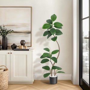 Artificial Rubber Tree, 7ft Tall Fake Plants with White Planters, Artificial Plants Indoor with Multicolored Pebbles - 1 of 4