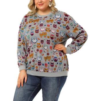 Agnes Orinda Women's Plus Size Casual Pullover Owl Print Comfty Sweatershirt