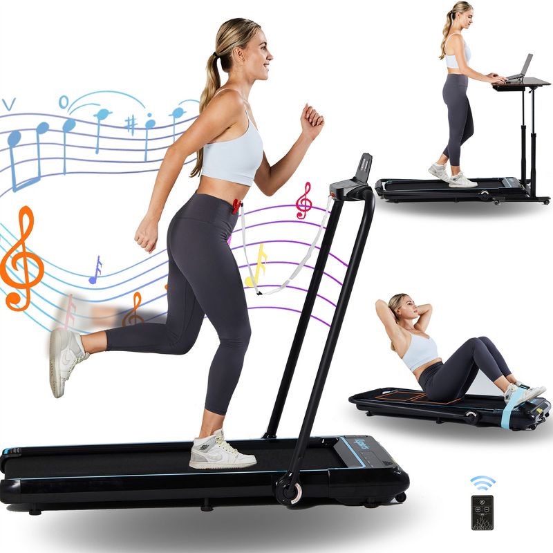 Ksports 3-in-1 Folding Electric Treadmill Home Gym Cardio Strength Training Workout Set with Ab Mat, Sit Up Strap, and Dual LED Display, Black/Blue, 1 of 8