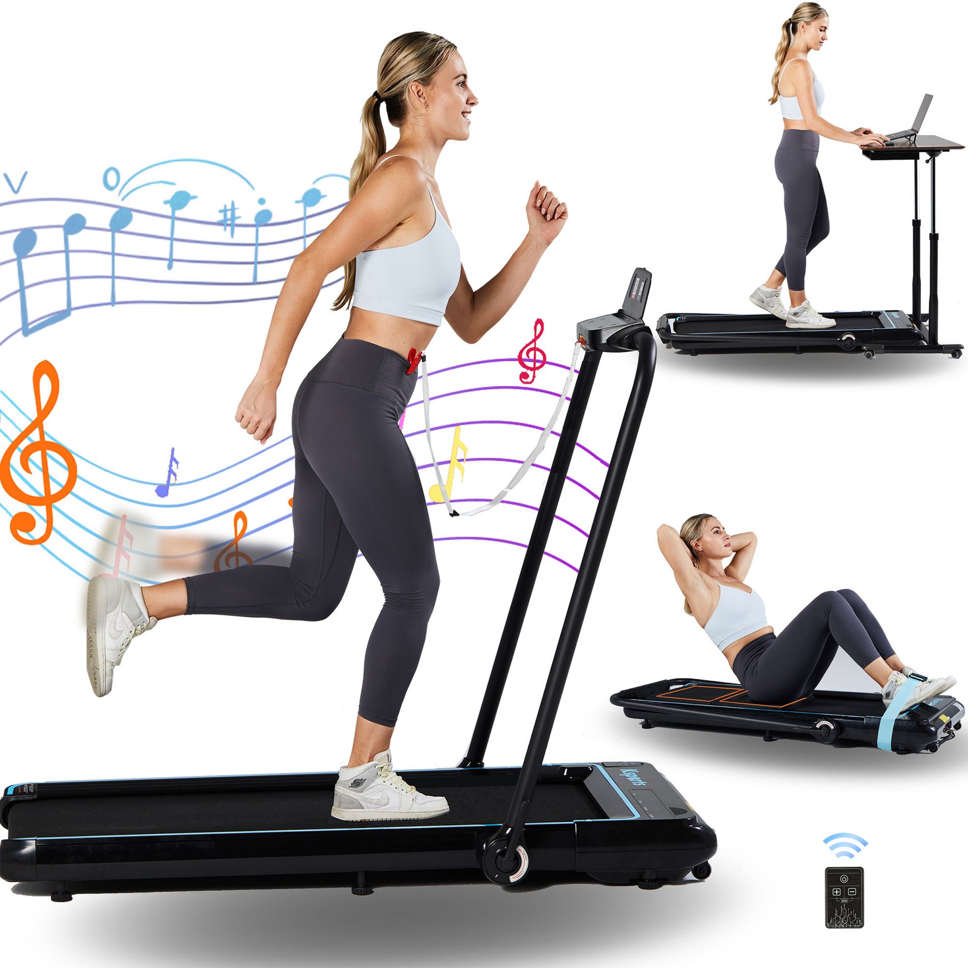 Ksports 3-in-1 Folding Electric Treadmill Exercise Equipment, Home Gym Cardio Strength Training Workout Set w/Ab Mat, Sit Up Strap, & Dual LED Display