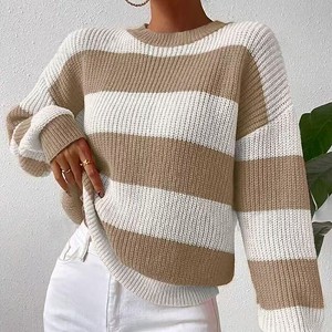 Women's Striped Knit Pullover Sweater Casual Color Block Crewneck Long Sleeve Top - 1 of 4