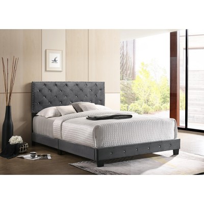 Suffolk Gray Velvet Queen Bed with Jeweled Tufting and Nailhead Trim
