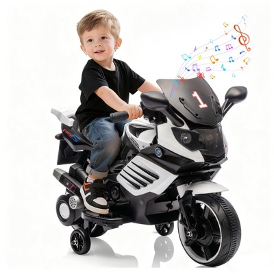 Kids Motorcycle, ride on car toy with training wheels, working headlight, horn and music, suitable for boys and girls aged 3-6.