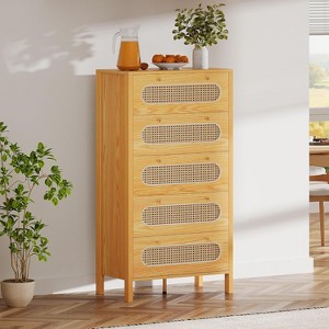 47 Inch Tall Boho Chest of Drawers with Golden Handles And Ajustable Feet Rattan 5 Drawer Dresser Wood Storage - 1 of 1