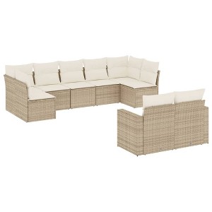 vidaXL 9 Piece Patio Sofa Set with Cushions Beige Poly Rattan - Beige and Cream Without Table - 1 of 4