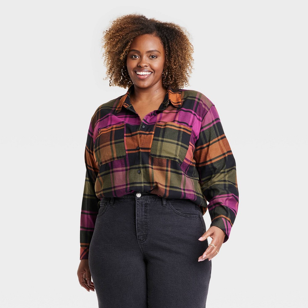Women's Long Sleeve Flannel Button-Down Shirt - Ava & Viv™ 3X Plaid