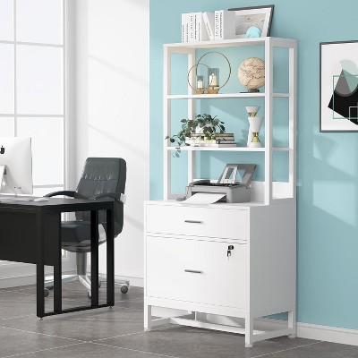 White Vertical 2 Drawer File Cabinet with Lock and Open Shelves