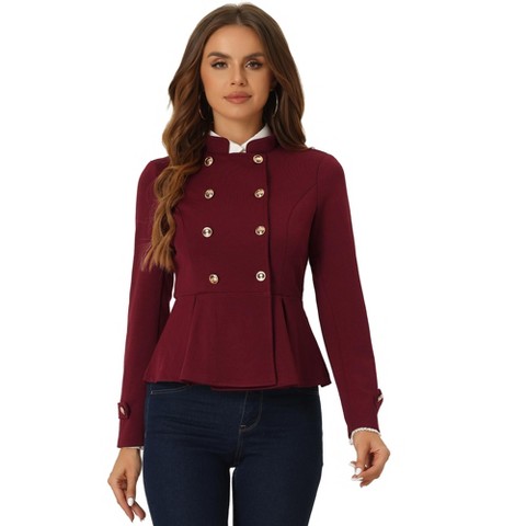 INSPIRE CHIC Women's Regular Fit Stand Collar Double Breasted Casual Peplum Steampunk Jacket Burgundy Large