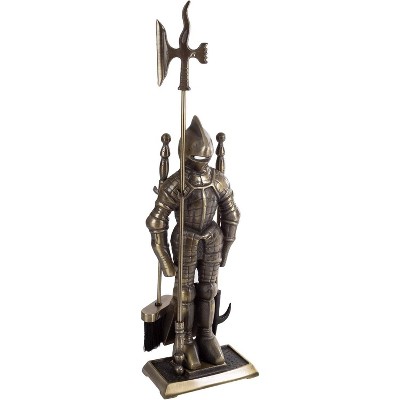 attop 3-Piece Fireplace Tool Set-Medieval Knight Cast Iron Statue-Includes Shovel, Broom & Poker