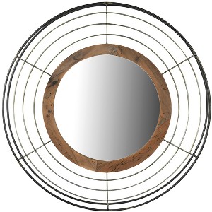 Storied Home Modern Round Wall Mirror with Wood and Wire Frame, Black and Natural - 1 of 4