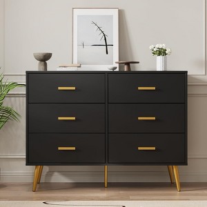 6 Drawer Dresser for Bedroom, Black Dresser Organizer with Golden Handles and Support Legs, 6 Chest of Drawers for Hallway, Living Room and Entryway - 1 of 4