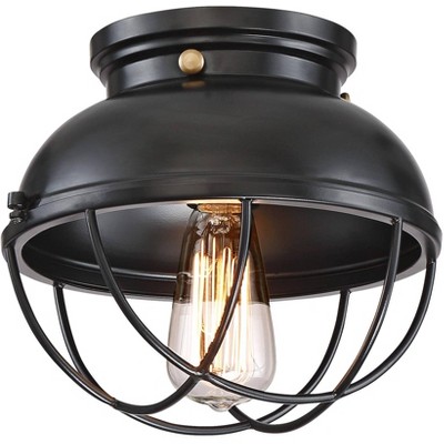 360 Lighting Vintage Industrial Ceiling Light Flush Mount Fixture LED Black 10 1/2" Wide Caged for Bedroom Kitchen Living Room