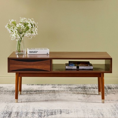 Dawson 40" Walnut Mid-Century Modern Coffee Table with Brass Accents