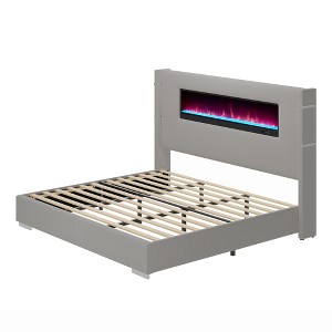 AMERLIFE Modern Platform Bed Frame with Fireplace, Wingback Design, Headboard, No Box Spring Needed - 1 of 4