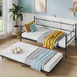 Twin Size Daybed, Metal Daybed Frame with Trundle, Mattress Foundation Platform Sofa Bed with Lockable Casters for Bedroom - 1 of 4