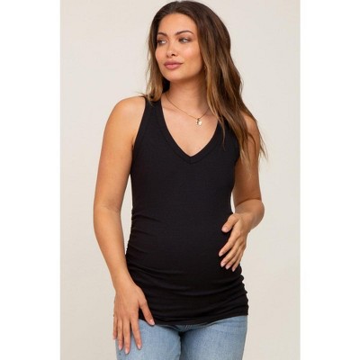 PinkBlush Black Ribbed Sleeveless Ruched Maternity Tank Top