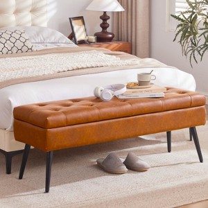 Aoibox Faux Leather Tufted Storage Ottoman Bench, Long Entryway Bench for Living Room, Supports 660lbs - Cognac Brown - 1 of 4