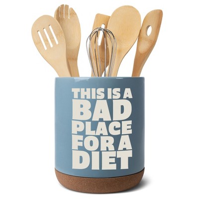 Elanze Designs Funny Diet Healthy Eating Comedic Ceramic Cork Bottom Sky Blue Large Capacity Utensil Holder Crock for Countertop Storage, Stylish &