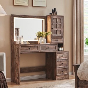 Mastgoal Farmhouse Vanity Desk with Touch Screen LED Mirror, 47" Big Make Up Table, 6 Drawers, Glass Top, Charging Station, Rustic Wood Dressing Table - 1 of 4
