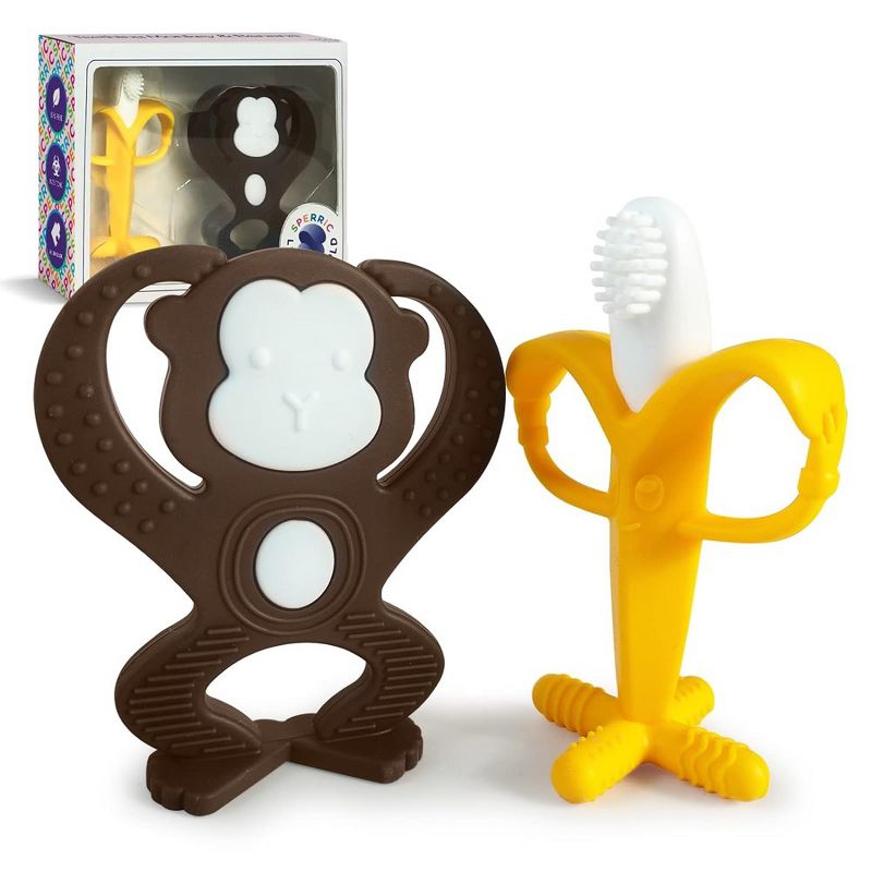 Baby Teething Toys Set - Baby Monkey Banana Teether and Toothbrush, 1 of 7