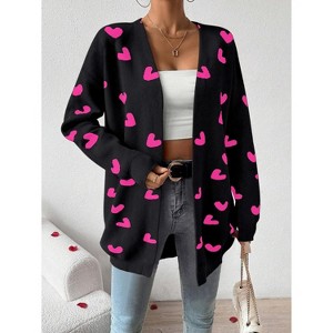 Heart Cardigan Sweater for Women Oversized Valentine Cardigan Cute Love Print Open Front Knit Sweaters Coat with Pockets - 1 of 4