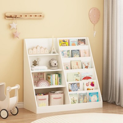 PDTEND White 4-Tier Multifunctional Wooden Kids Bookshelf & Toy Organizer for Playroom, Nursery, Kids' Room