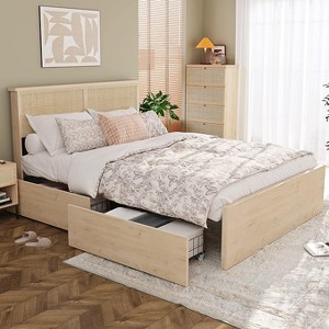 Brafabhome Queen Size Rattan Bed Frames with Headboard, Sturdy Wood Platform Bed Frames with 4 Storage Drawers for Bedroom | Beige - 1 of 4