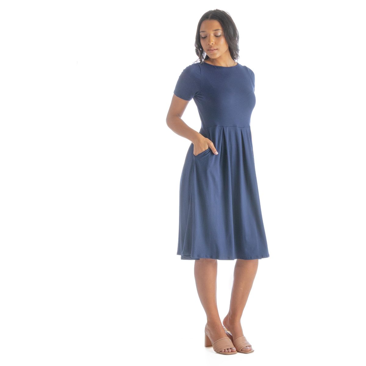 Womens Short Sleeve Boat Neck Pleated Flared Pocket Midi Dress - 24seven Comfort Apparel™ - thumbnail 7