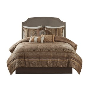 Gulches Series Brown Gold Luxurious Leaf Striping Ironwork Polyester Jacquard with Polyester Fill Cal King 7 Piece Jacquard Comforter Set Blanket - 1 of 4