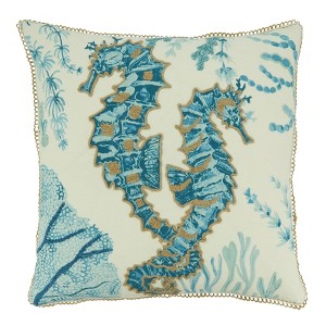 20"x20" Oversize Sea Horse with Poly Filling Square Throw Pillow Aqua Blue - Saro Lifestyle: Indoor Cotton Decorative Cushion, Zippered - 1 of 4