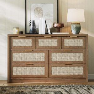 Rattan 7 Drawer Dresser, Wide Chest, Golden Handles, Wood Storage Organizer, Farmhouse TV Stand, Living Room, Dark Wood - 1 of 4