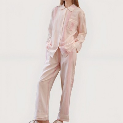Anna-Kaci Lounge Women's Striped Woven Pajama Set with Collared Long Sleeve Top and Cuffed Wide Leg Pants